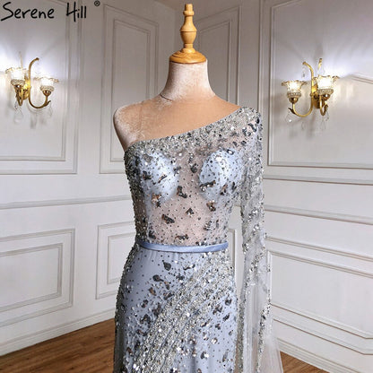 Elegante vestido de noche de sirena gris, 2025, de lujo, con mangas tipo capa y cuentas, para mujer, fiesta, LA71415 