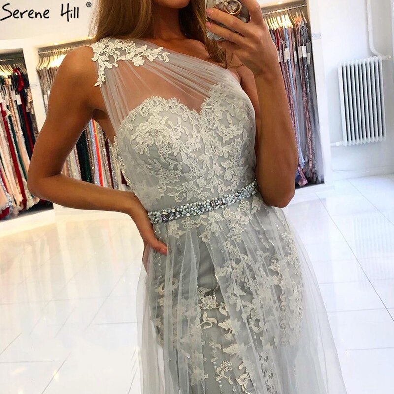 Verkauf Grau Meerjungfrau Elegante Abendkleider Kleider 2025 Eine Schulter Spitze Sexy Perlen Für Frauen 