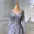 Elegante vestido de noche gris de sirena, manga larga, con plumas y cuentas, para mujer, fiesta, LA70968 
