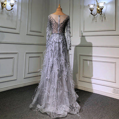 Elegante vestido de noche gris de sirena, manga larga, con plumas y cuentas, para mujer, fiesta, LA70968 