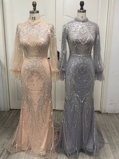 Elegante vestido de noche de sirena gris con cuello alto, mangas largas y cuentas, de lujo, para mujer, fiesta, LA71609 