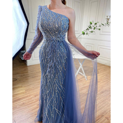 Grey Mermaid Elegant With Skirt One Shoulder Beaded Feathers Evening Dresses Gowns For Women Party 2025 LA71789