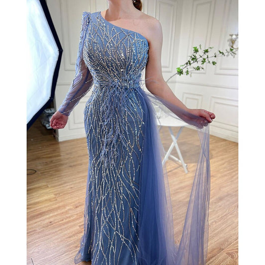 Grau Meerjungfrau Elegant Mit Rock Eine Schulter Perlen Federn Abendkleider Kleider Für Frauen Party 2025 LA71789