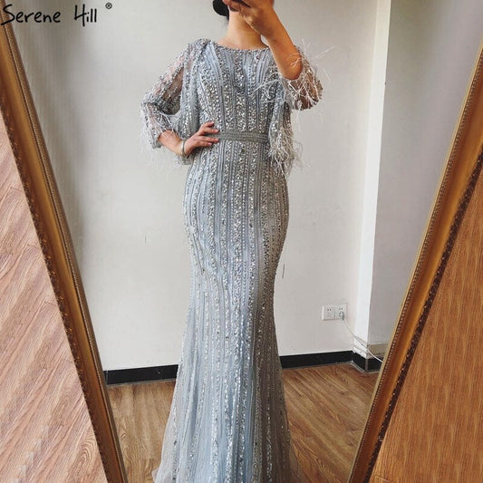 Sale Grey Mermaid Long Sleeves Diamond Beaded Luxury Dubai Evening Dresses Gowns For Women Party 2025 LA70503