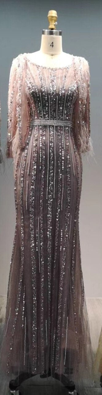 Sale Grey Mermaid Long Sleeves Diamond Beaded Luxury Dubai Evening Dresses Gowns For Women Party 2025 LA70503
