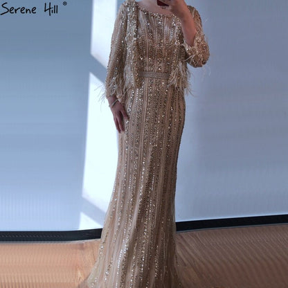 Sale Grey Mermaid Long Sleeves Diamond Beaded Luxury Dubai Evening Dresses Gowns For Women Party 2025 LA70503