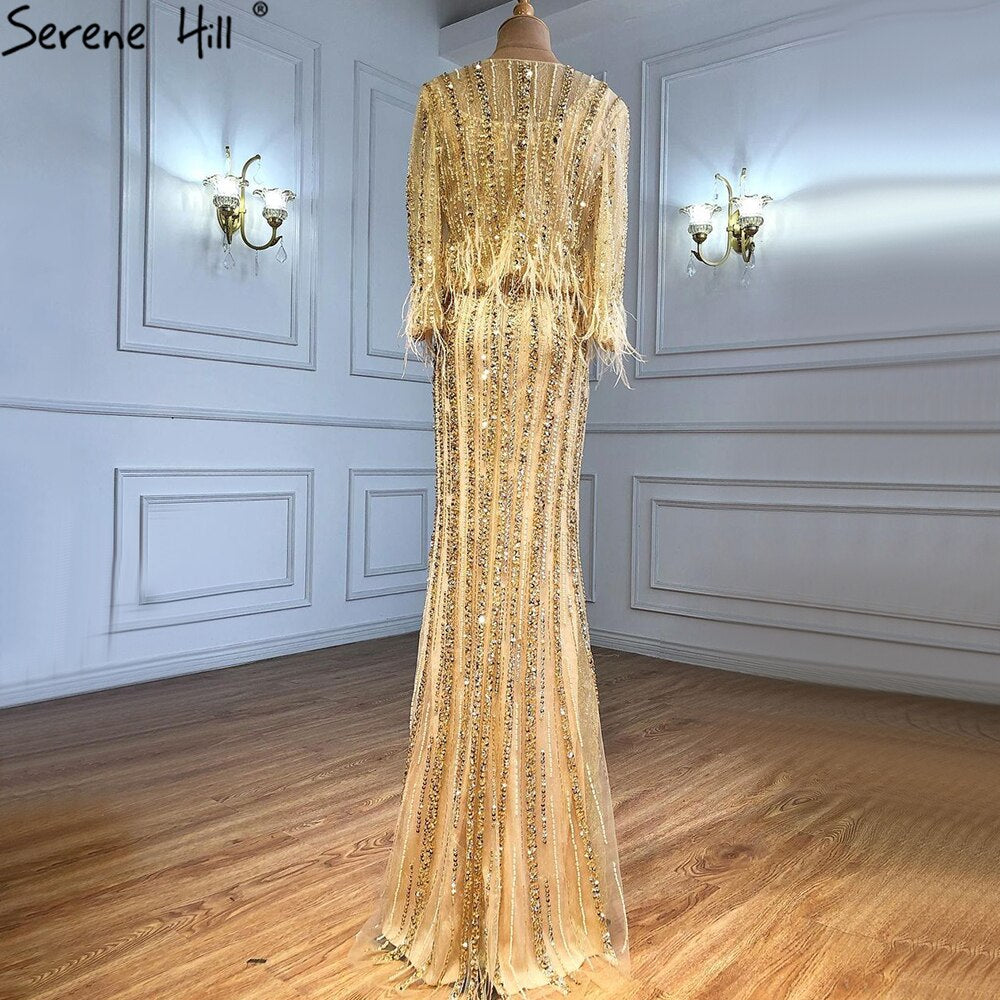 Sale Grey Mermaid Long Sleeves Diamond Beaded Luxury Dubai Evening Dresses Gowns For Women Party 2025 LA70503