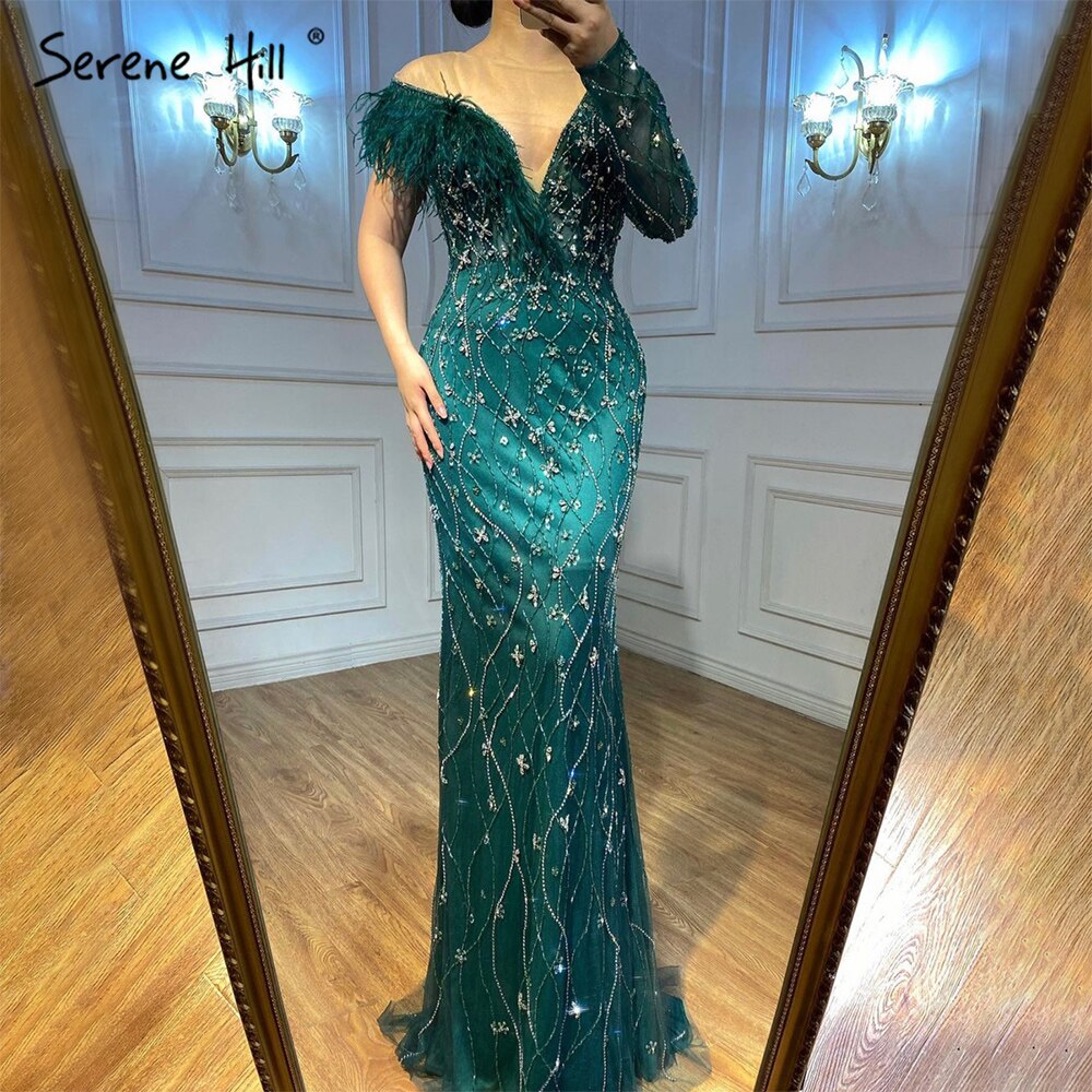 Vestidos de noche de lujo de sirena gris, con plumas y cuentas, elegantes para mujer, para fiesta, LA71174 