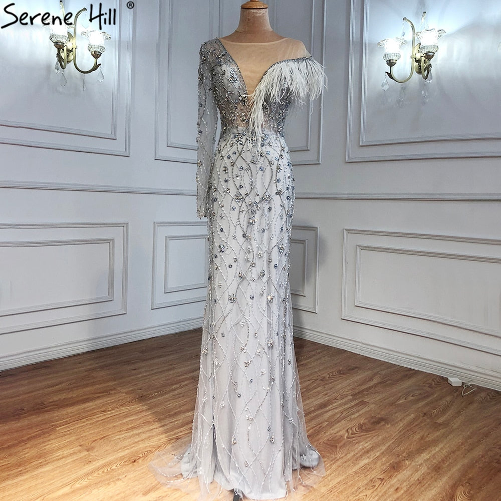 Vestidos de noche de lujo de sirena gris, con plumas y cuentas, elegantes para mujer, para fiesta, LA71174 