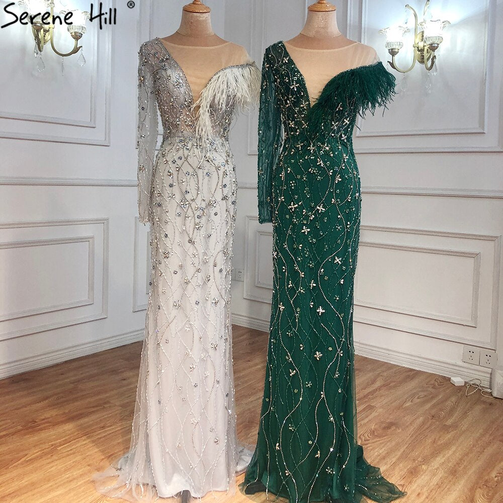 Grau Meerjungfrau Luxus Abendkleider Kleider 2025 Feder Perlen Elegante Für Frauen Party LA71174 