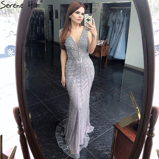 Grau Meerjungfrau Luxus Abendkleider Kleider Perlen Kristall Elegante Sexy Für Frauen Party LA70849 