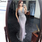 Grau Meerjungfrau Luxus Abendkleider Kleider Perlen Kristall Elegante Sexy Für Frauen Party LA70849 