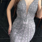 Grau Meerjungfrau Luxus Abendkleider Kleider Perlen Kristall Elegante Sexy Für Frauen Party LA70849 