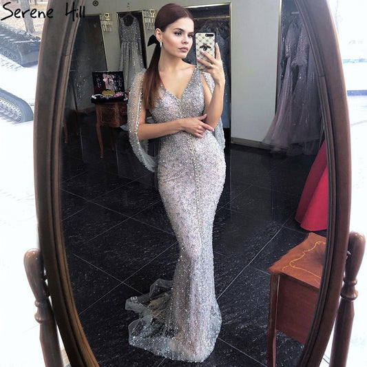 Grau Meerjungfrau Luxus Sparkle Abendkleider Kleider Elegante Perlen Kristall Sexy Für Frauen Party LA70847 
