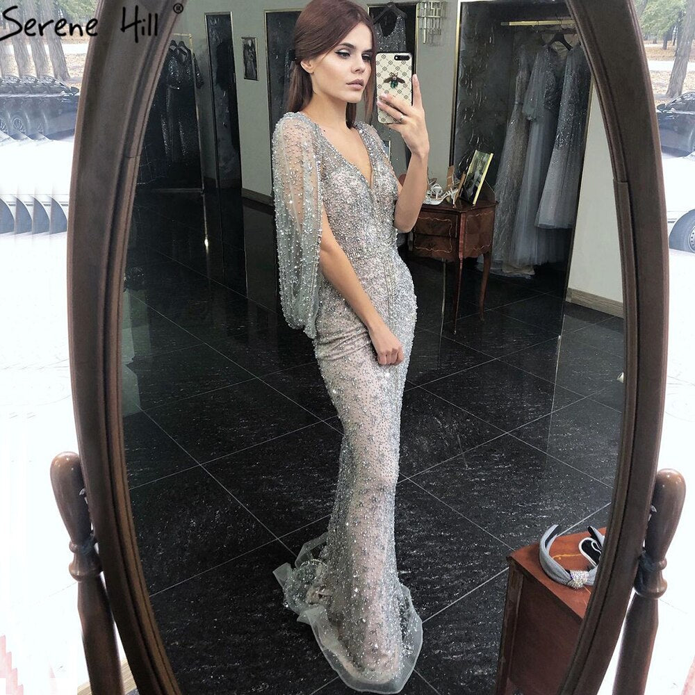 Grau Meerjungfrau Luxus Sparkle Abendkleider Kleider Elegante Perlen Kristall Sexy Für Frauen Party LA70847 