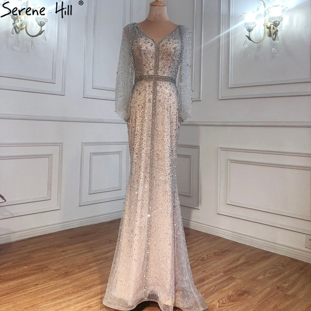 Grau Meerjungfrau Luxus Sparkle Abendkleider Kleider Elegante Perlen Kristall Sexy Für Frauen Party LA70847 