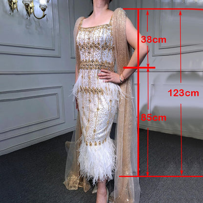 Grau Meerjungfrau Midi Länge Abendkleider Kleider Perlen Sexy Feder Hinten Bein Split 2025 Für Frauen Party LA71669 