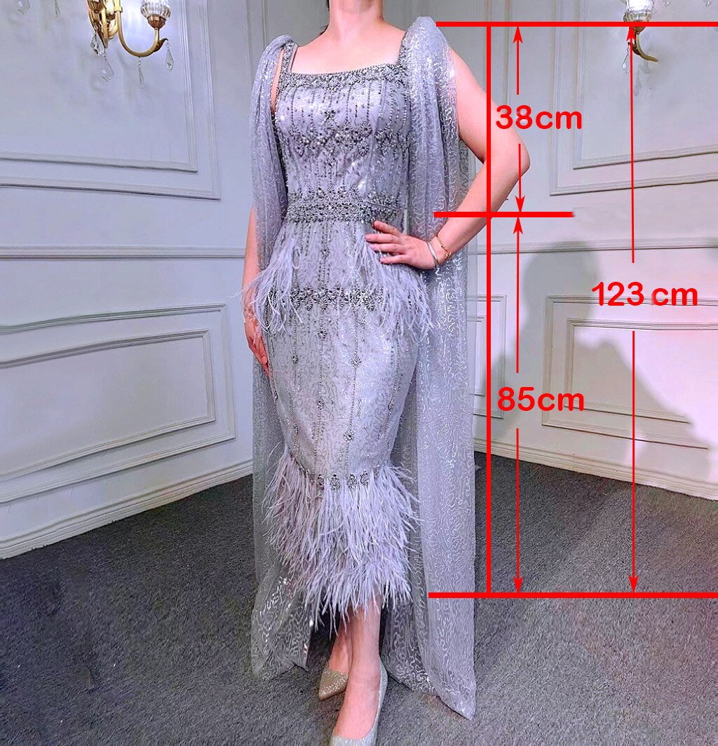 Grau Meerjungfrau Midi Länge Abendkleider Kleider Perlen Sexy Feder Hinten Bein Split 2025 Für Frauen Party LA71669 