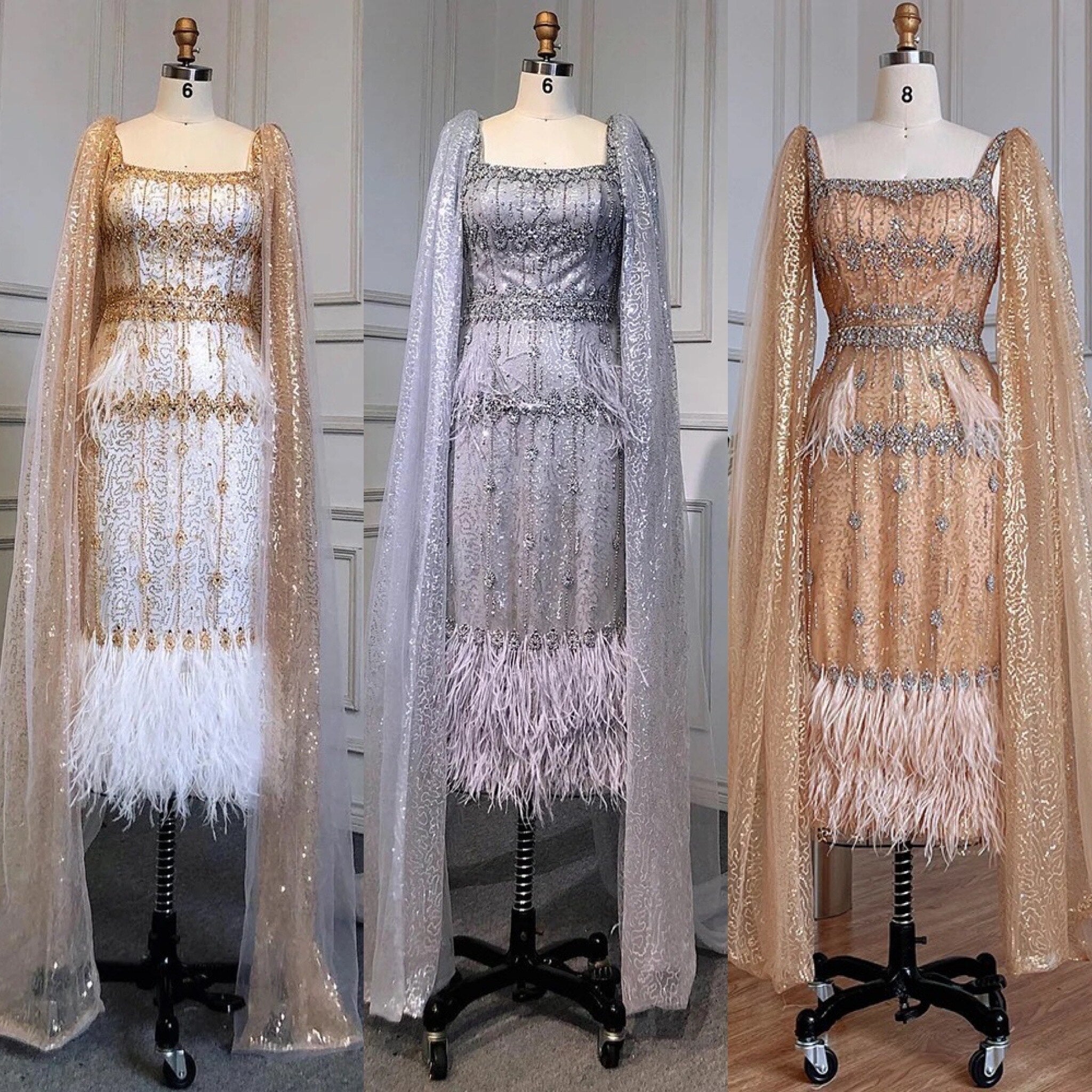 Grey Mermaid Midi Length Evening Dresses Gowns Beaded Sexy Feather Rear Leg Split 2025 For Women Party LA71669