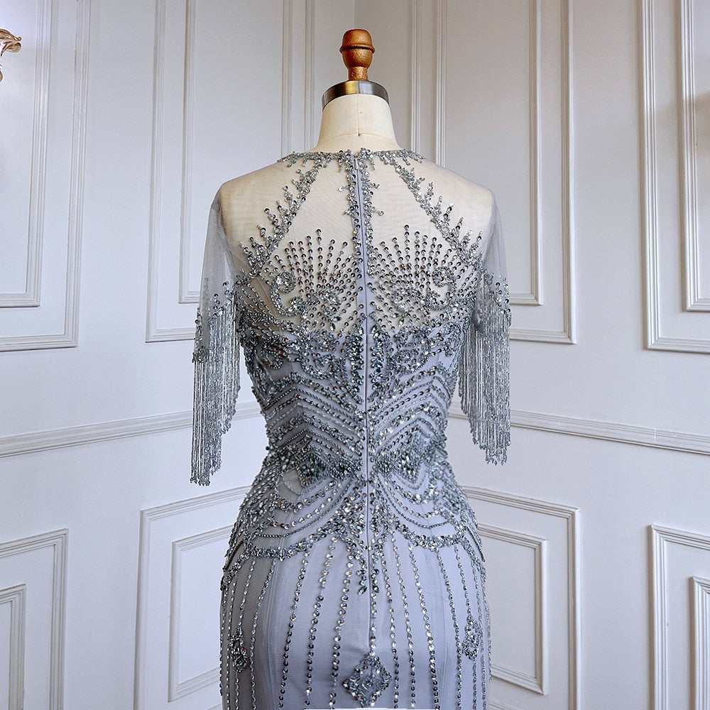 Grey Mermaid O-Neck Short Sleeves Elegant Beaded Luxury Tassel Dubai Evening Dresses Gowns For Women Party 2025 LA70646