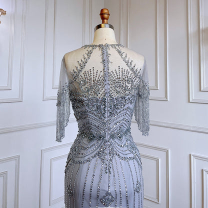 Grey Mermaid O-Neck Short Sleeves Elegant Beaded Luxury Tassel Dubai Evening Dresses Gowns For Women Party 2025 LA70646