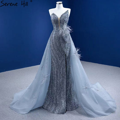 Grau Meerjungfrau Überrock Abendkleider Kleider 2025 Feder Perlen Elegante Für Frauen Party HM67340 