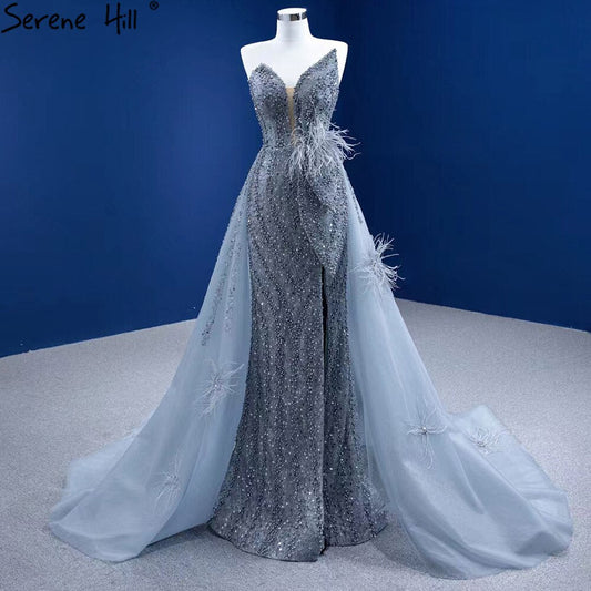 Grau Meerjungfrau Überrock Abendkleider Kleider 2025 Feder Perlen Elegante Für Frauen Party HM67340 