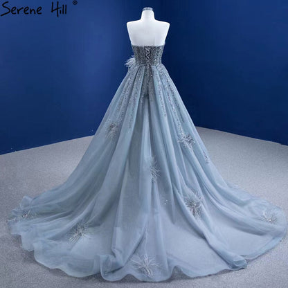 Grau Meerjungfrau Überrock Abendkleider Kleider 2025 Feder Perlen Elegante Für Frauen Party HM67340 