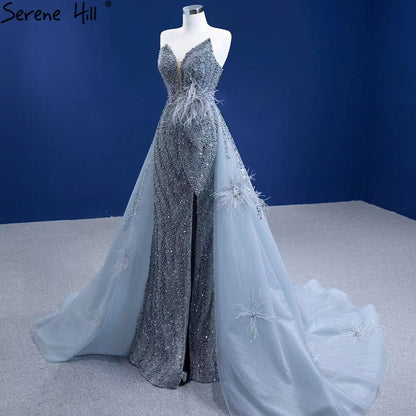 Grau Meerjungfrau Überrock Abendkleider Kleider 2025 Feder Perlen Elegante Für Frauen Party HM67340 