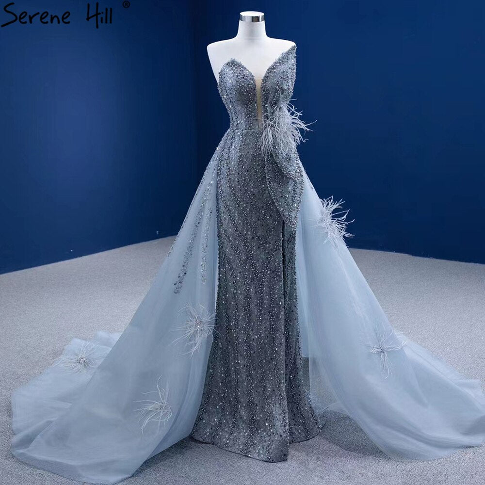 Grau Meerjungfrau Überrock Abendkleider Kleider 2025 Feder Perlen Elegante Für Frauen Party HM67340 