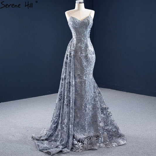 Grau Meerjungfrau Sexy Abendkleider 2025 Handgemachte Blumen Perlen Ärmelloses Abendkleid HM67181 