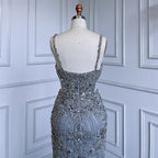 Grey Mermaid Sexy Spaghetti Straps Cut Out Luxury Beaded Feather Dress Evening Gowns 2025 For Woman Party LA71774