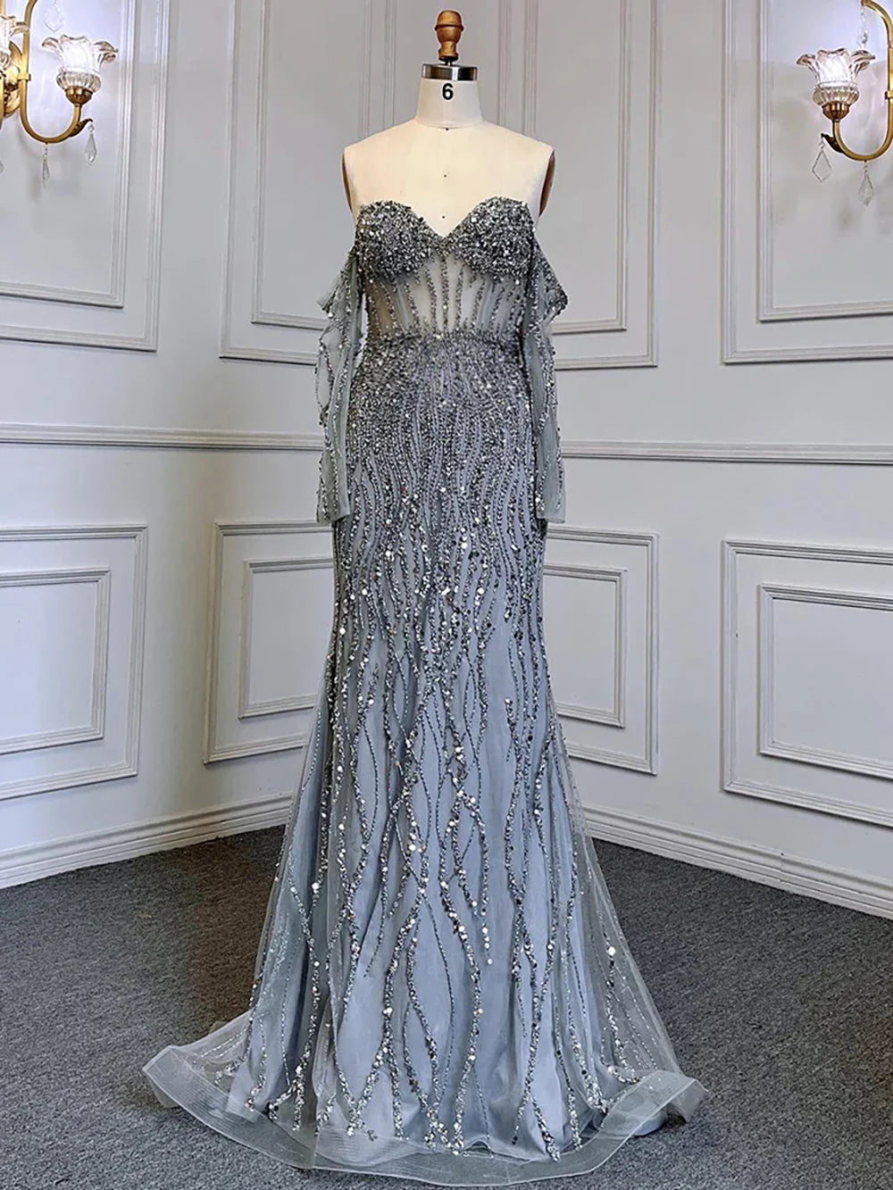 Grau Meerjungfrau Spaghetti Strap Luxus Perlen Elegante Abendkleider Kleider 2025 Für Frau Hochzeit Party LA71650 