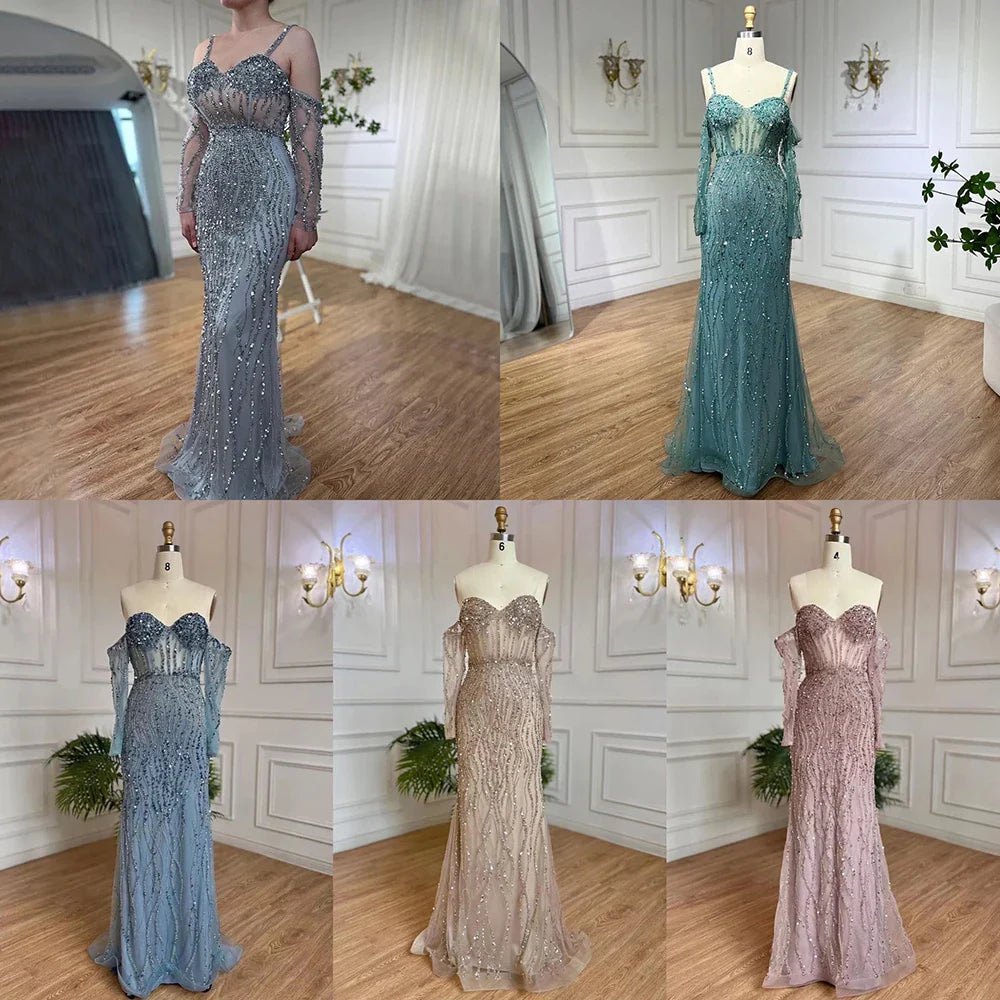 Grau Meerjungfrau Spaghetti Strap Luxus Perlen Elegante Abendkleider Kleider 2025 Für Frau Hochzeit Party LA71650 