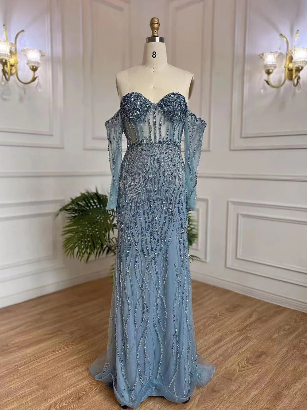 Grau Meerjungfrau Spaghetti Strap Luxus Perlen Elegante Abendkleider Kleider 2025 Für Frau Hochzeit Party LA71650 