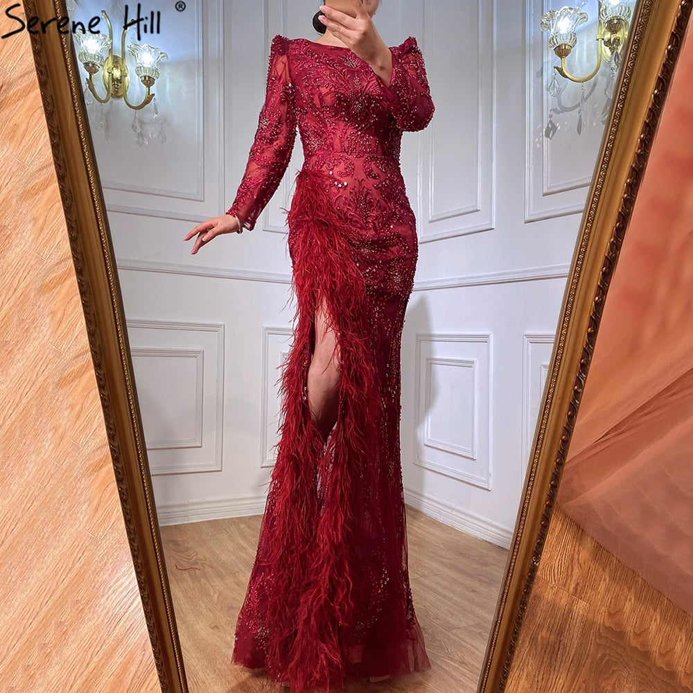 Vestidos de noche de lujo con abertura y corte sirena gris, elegantes vestidos de noche con cuentas y plumas, para mujer, fiesta formal LA70828 