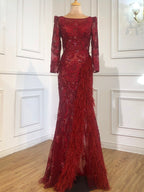 Vestidos de noche de lujo con abertura y corte sirena gris, elegantes vestidos de noche con cuentas y plumas, para mujer, fiesta formal LA70828 