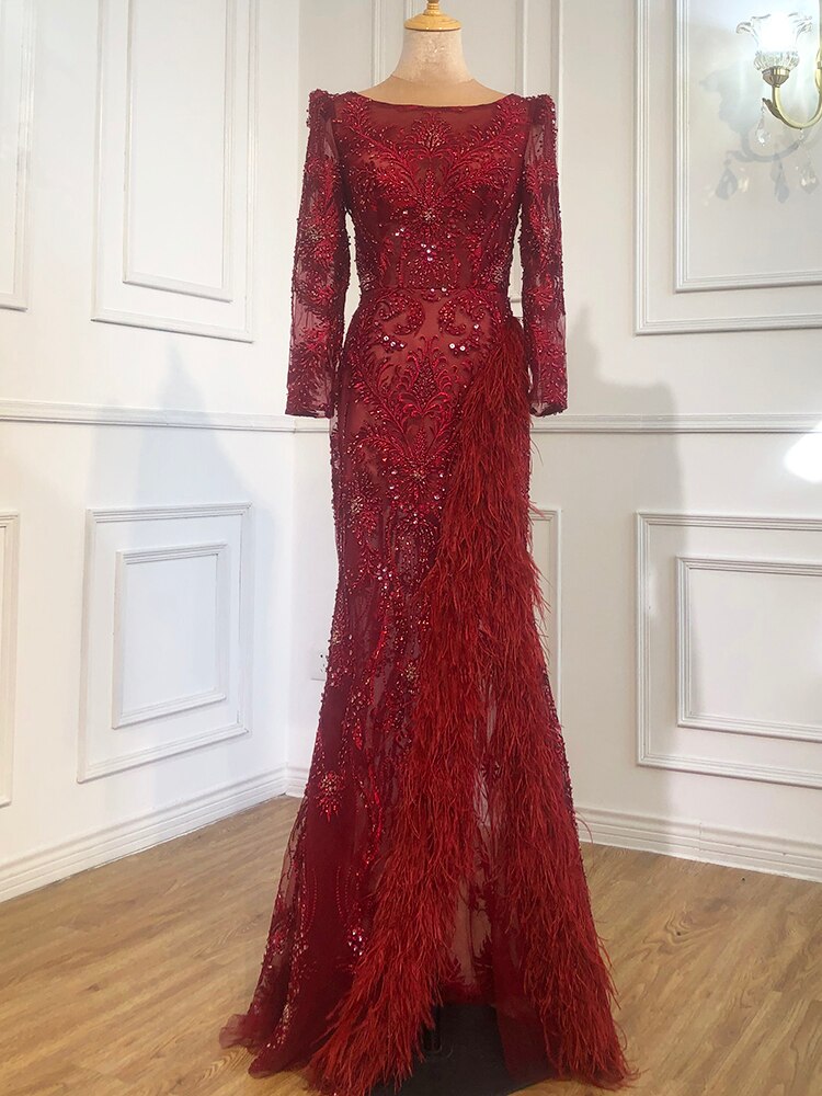 Vestidos de noche de lujo con abertura y corte sirena gris, elegantes vestidos de noche con cuentas y plumas, para mujer, fiesta formal LA70828 