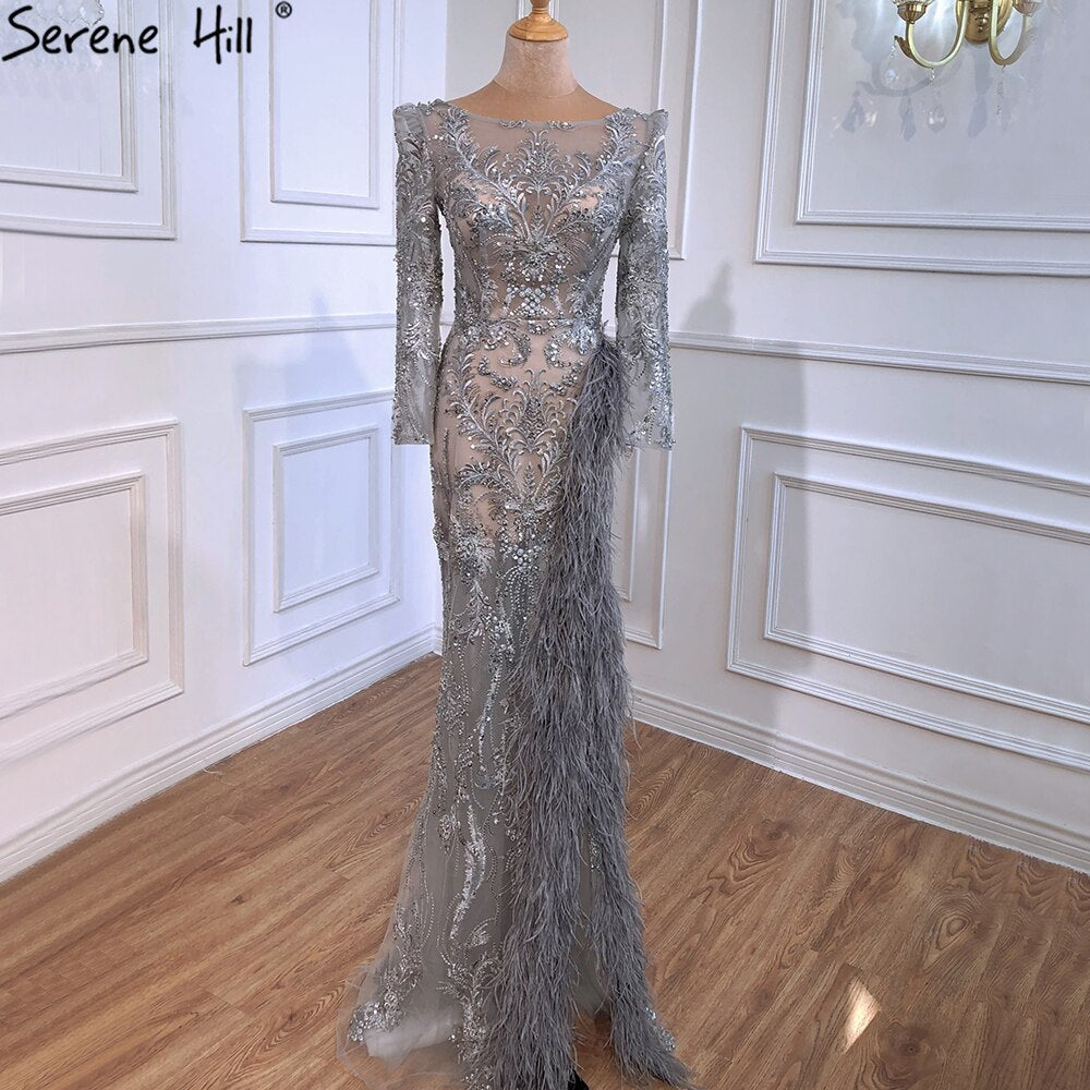 Vestidos de noche de lujo con abertura y corte sirena gris, elegantes vestidos de noche con cuentas y plumas, para mujer, fiesta formal LA70828 
