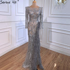 Vestidos de noche de lujo con abertura y corte sirena gris, elegantes vestidos de noche con cuentas y plumas, para mujer, fiesta formal LA70828 
