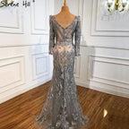 Vestidos de noche de lujo con abertura y corte sirena gris, elegantes vestidos de noche con cuentas y plumas, para mujer, fiesta formal LA70828 