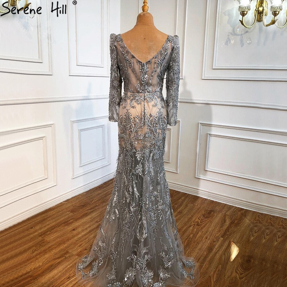 Vestidos de noche de lujo con abertura y corte sirena gris, elegantes vestidos de noche con cuentas y plumas, para mujer, fiesta formal LA70828 