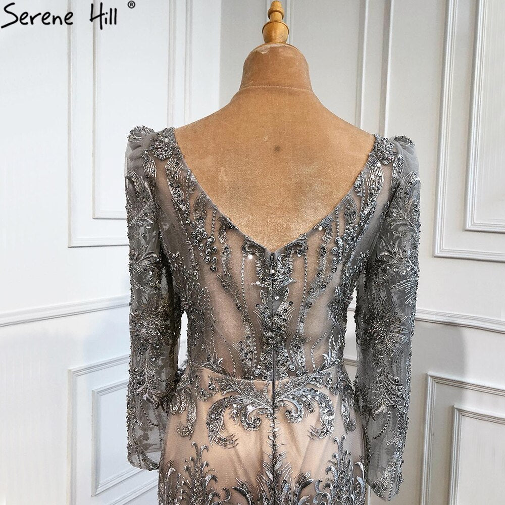 Vestidos de noche de lujo con abertura y corte sirena gris, elegantes vestidos de noche con cuentas y plumas, para mujer, fiesta formal LA70828 