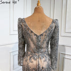 Vestidos de noche de lujo con abertura y corte sirena gris, elegantes vestidos de noche con cuentas y plumas, para mujer, fiesta formal LA70828 