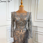 Vestidos de noche de lujo con abertura y corte sirena gris, elegantes vestidos de noche con cuentas y plumas, para mujer, fiesta formal LA70828 