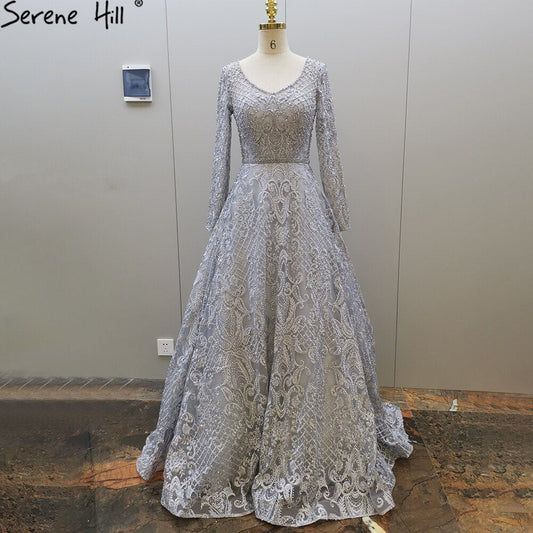 Grey Muslim Lace Beaded Evening Dresses Gowns 2025 Long A-Line Luxury For Women Party LA71472
