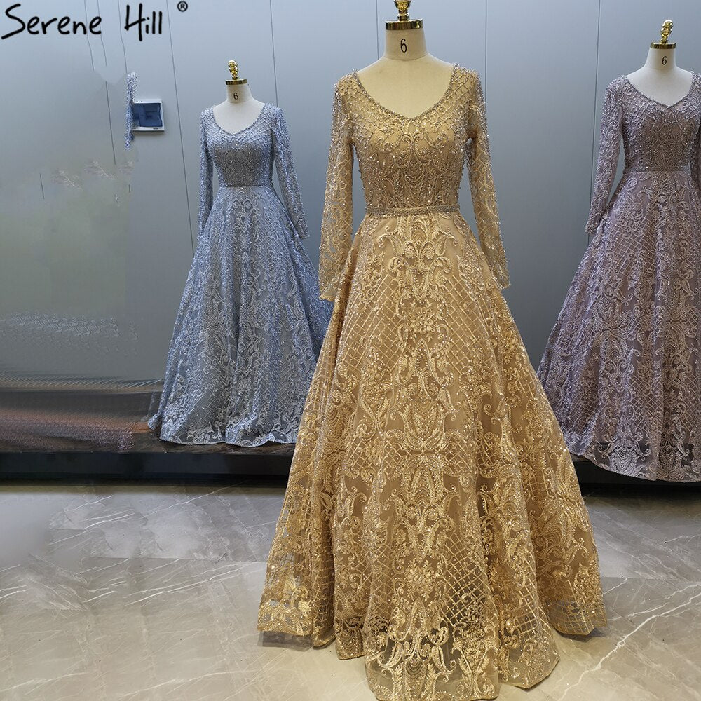 Vestidos de noche musulmanes grises con encaje y cuentas, 2025, largos, corte A, de lujo, para mujer, fiesta, LA71472 