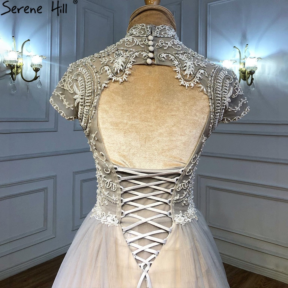 Grau Nude A-Linie Abendkleider Kleider 2025 Kristall Perlen Sexy Für Frauen Hochzeit Party LA71159 