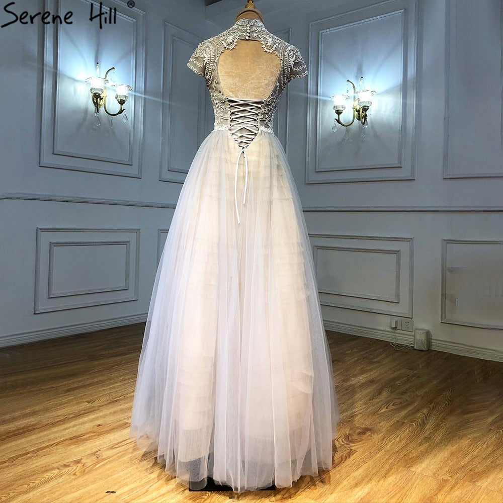 Grau Nude A-Linie Abendkleider Kleider 2025 Kristall Perlen Sexy Für Frauen Hochzeit Party LA71159 