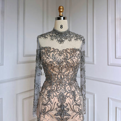Grey Nude Elegant Mermaid Sexy Lace Beaded Luxury Evening Dresses Gowns For Women Arabic Party 2025 LA71837